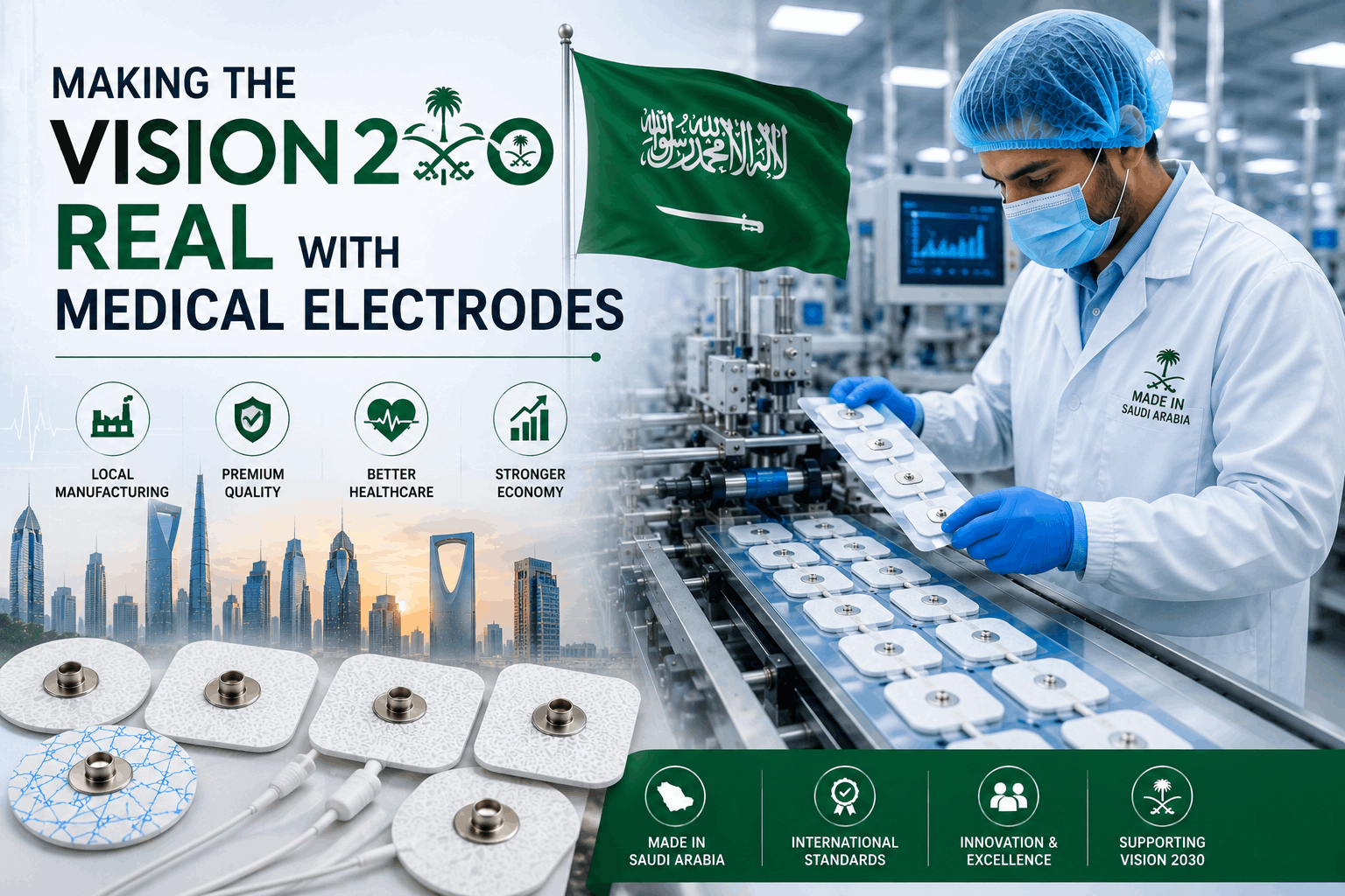Medical electrode manufacturing facility in Saudi Arabia producing ECG, EEG, and TENS electrodes to support healthcare innovation and Vision 2030 localization goals.
